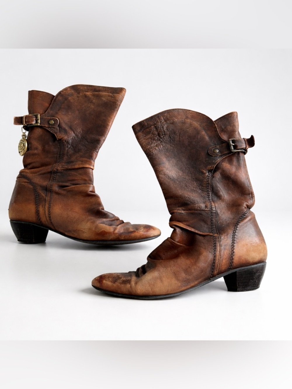 Vintage Genuine Leather Slouch Boots Brown Distressed Low Heel 7/7.5